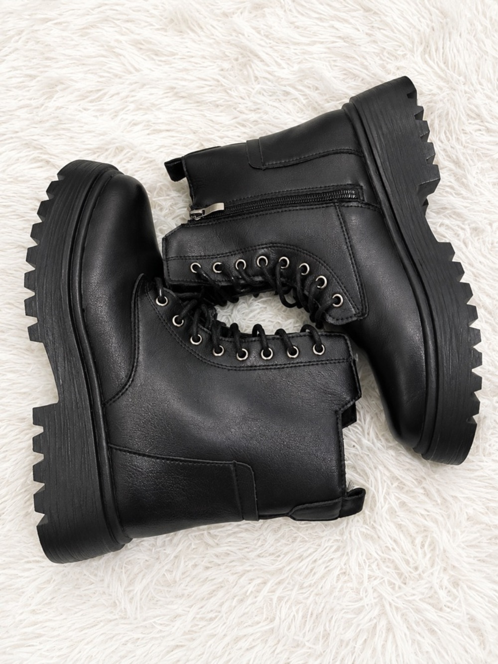 FANBSOTE Faux Leather Chunky Platform Combat Boots Lug Sole Zip Lace Up Black 9